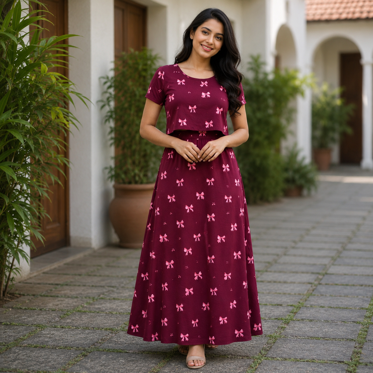Maroon Ribbon Print Zipless Feeding Loungewear (L) BB