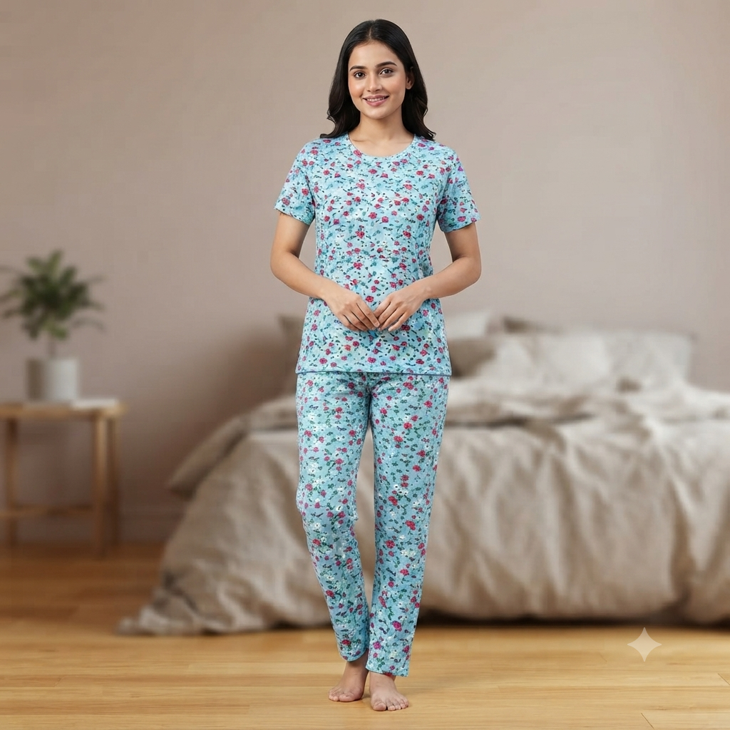 Blue Floral Print Pyjamas (M)