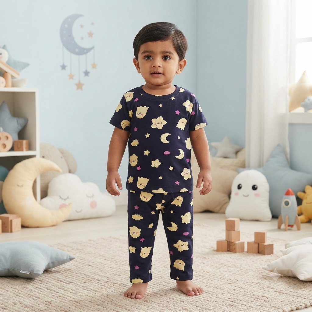 Navy Star & Moon Print Premium Ribbed Pant Cordset (3year to 4year)