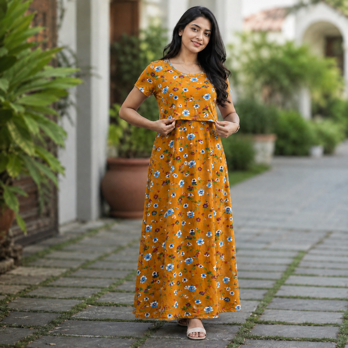 Yellow little flowers Print Zipless Feeding Loungewear (M) BB