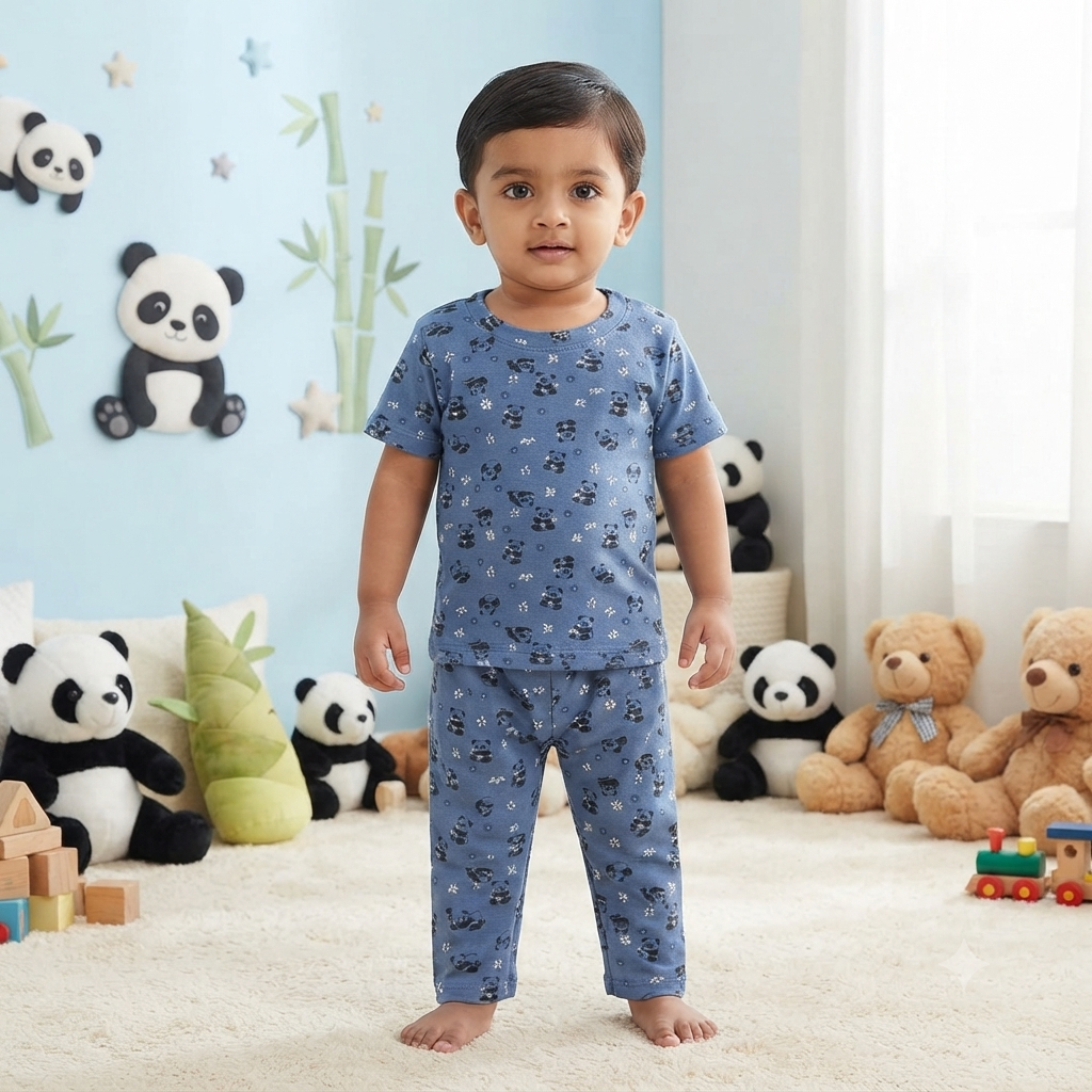 Blue Panda Print Premium Ribbed Pant Cordset (1year to 2year)