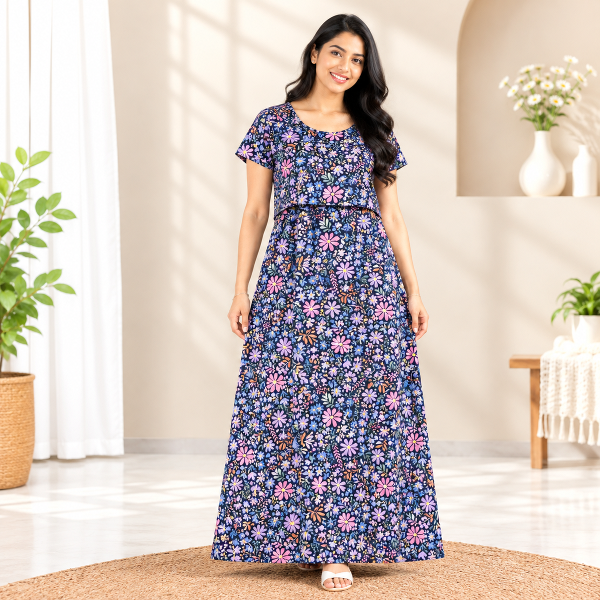 Multi Flowers Print Zipless Feeding Loungewear (L)