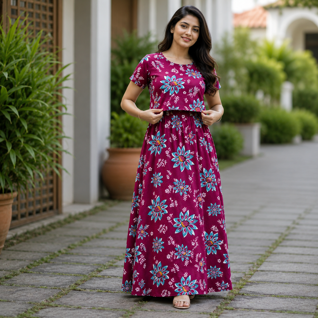 Pink Flower Print Zipless Feeding Loungewear (M) BB