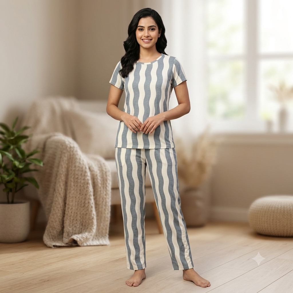 Grey & White Stripes Print Pyjamas (M)