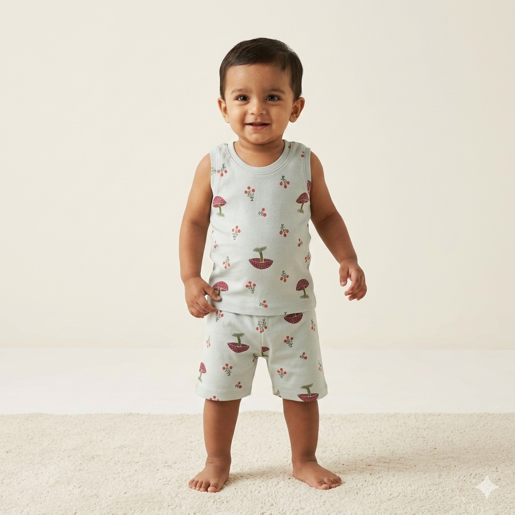 Mild Green Mushroom Print Premium ribbed shorts cordset (4year to 5years)