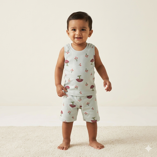 Mild Green Mushroom Print Premium ribbed shorts cordset (4year to 5years)