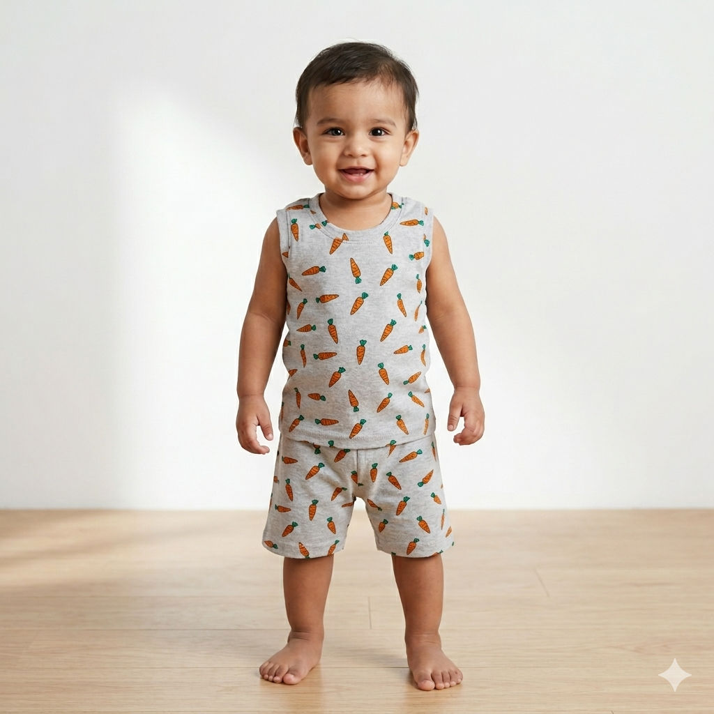 Ash Grey Carrot Print Premium ribbed shorts cordset (5year to 6years)