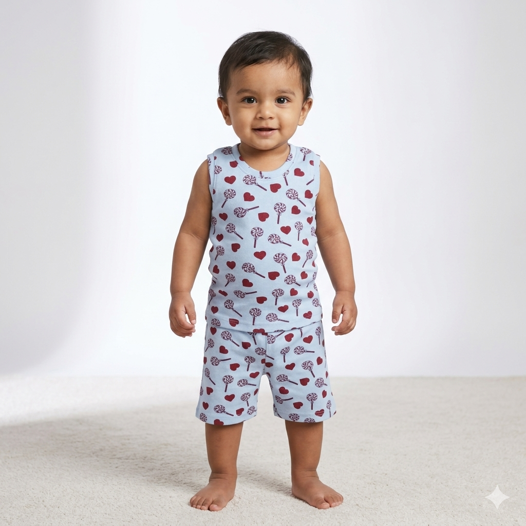 Blue Lollipop & Heart Print Premium ribbed shorts cordset (5year to 6years)