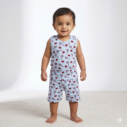 Blue Lollipop & Heart Print Premium ribbed shorts cordset (5year to 6years)