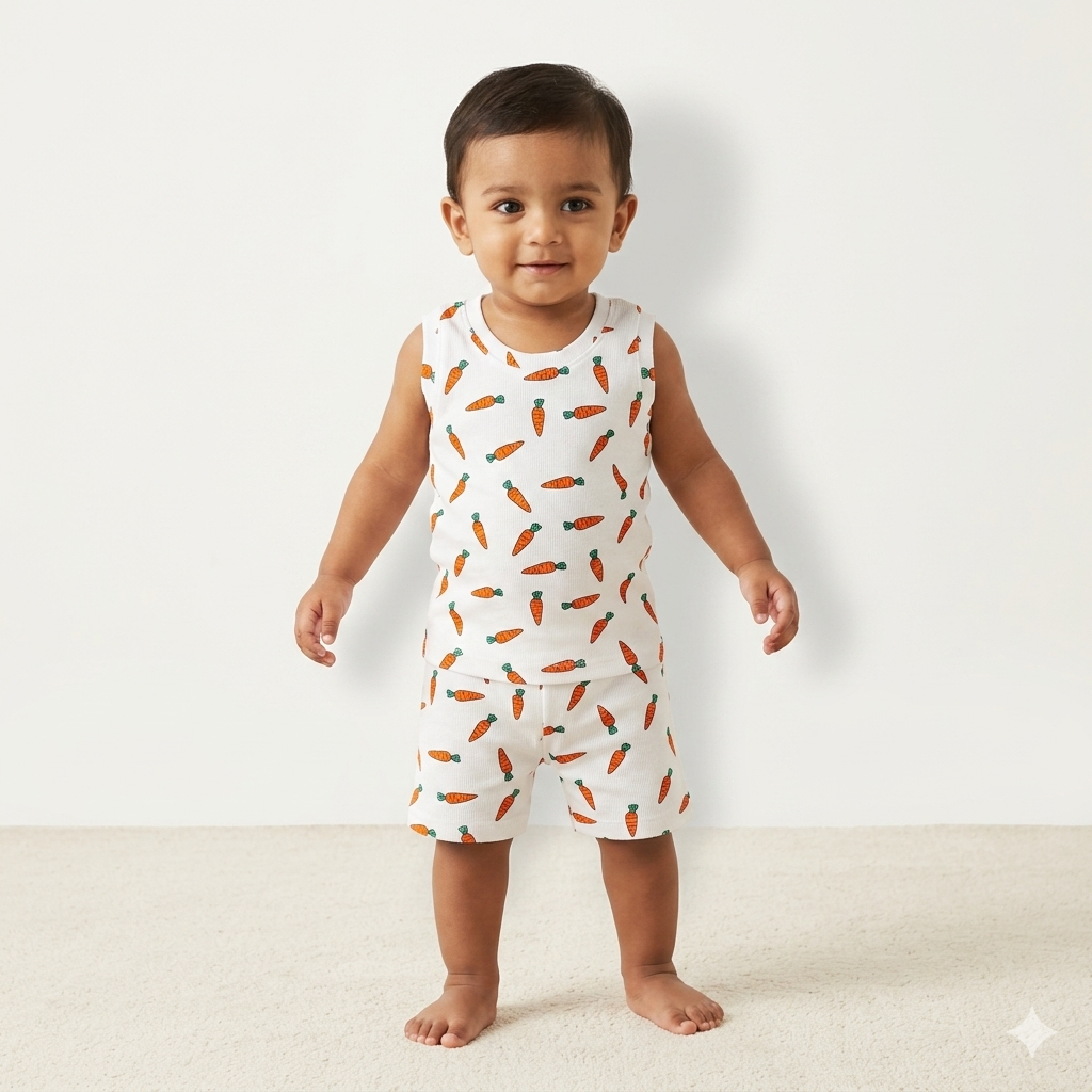 White Carrot Print Premium ribbed shorts cordset (4year to 5years)