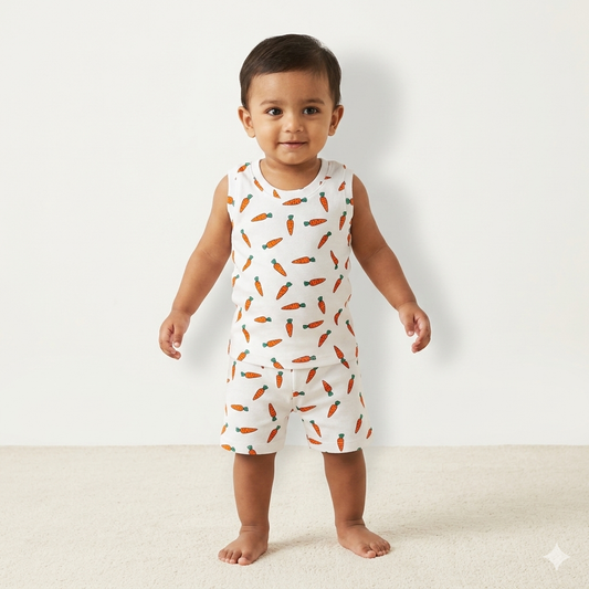 White Carrot Print Premium ribbed shorts cordset (4year to 5years)