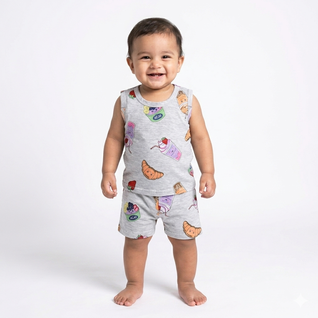 Snacks Print sleeveless shorts cordset (6month to 1year)