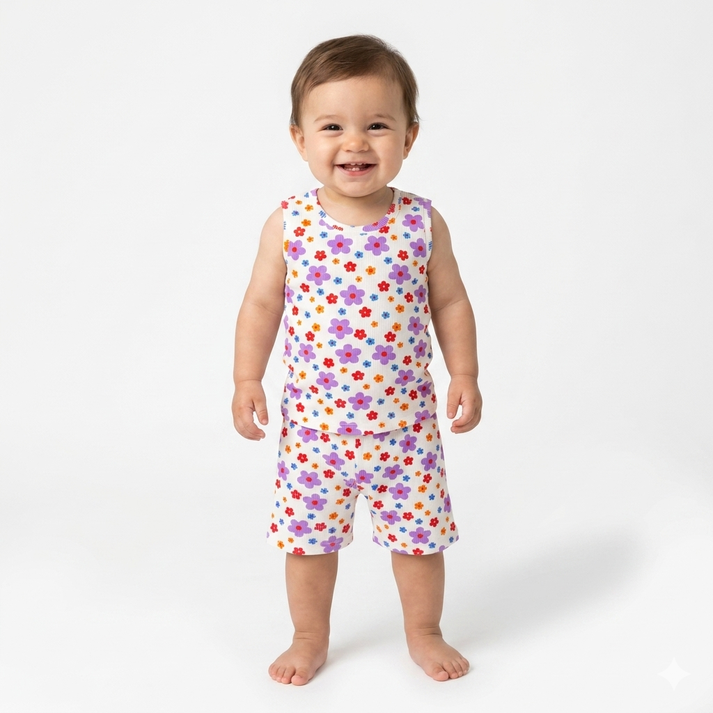 Flower Print Premium ribbed shorts cordset (4year to 5years)