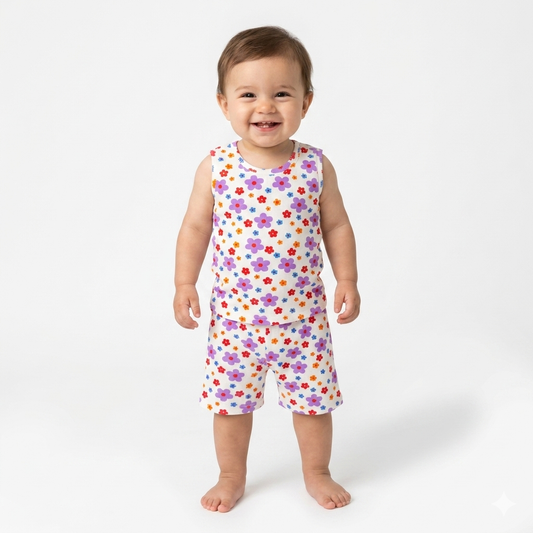 Flower Print Premium ribbed shorts cordset (4year to 5years)