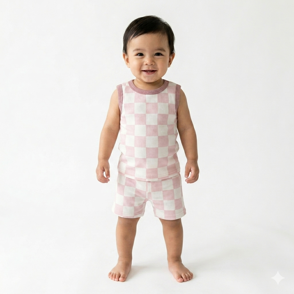 Pink Box Print sleeveless shorts cordset (6month to 1year)