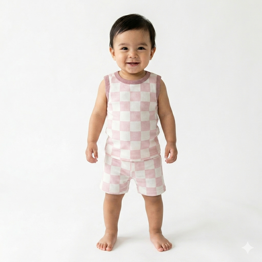 Pink Box Print sleeveless shorts cordset (6month to 1year)
