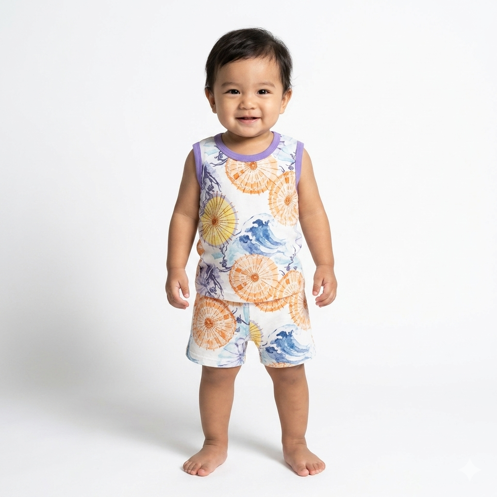 Orange Print sleeveless shorts cordset (6month to 1year)