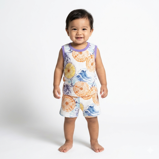 Orange Print sleeveless shorts cordset (6month to 1year)