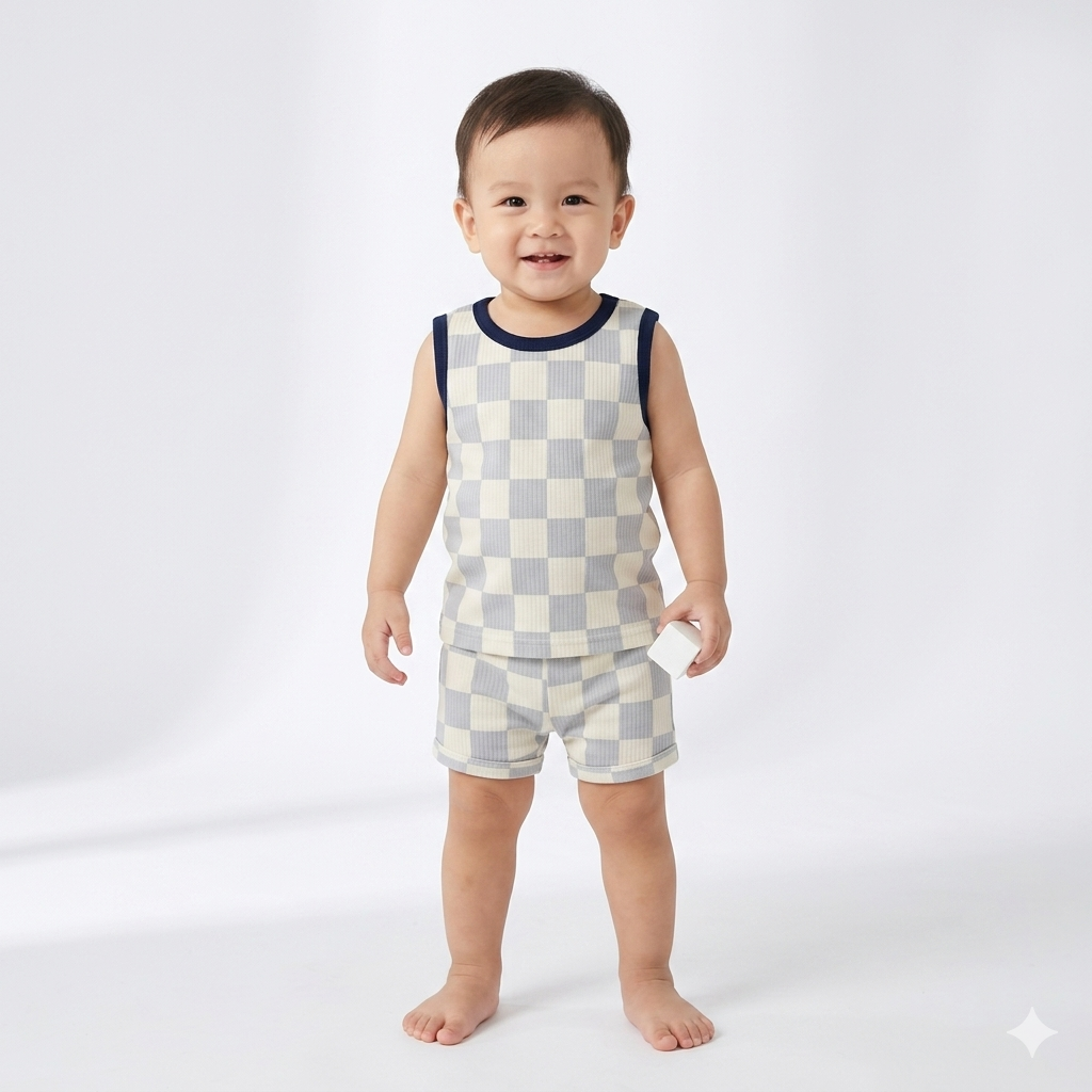 Blue Box Print sleeveless shorts cordset (6month to 1year)