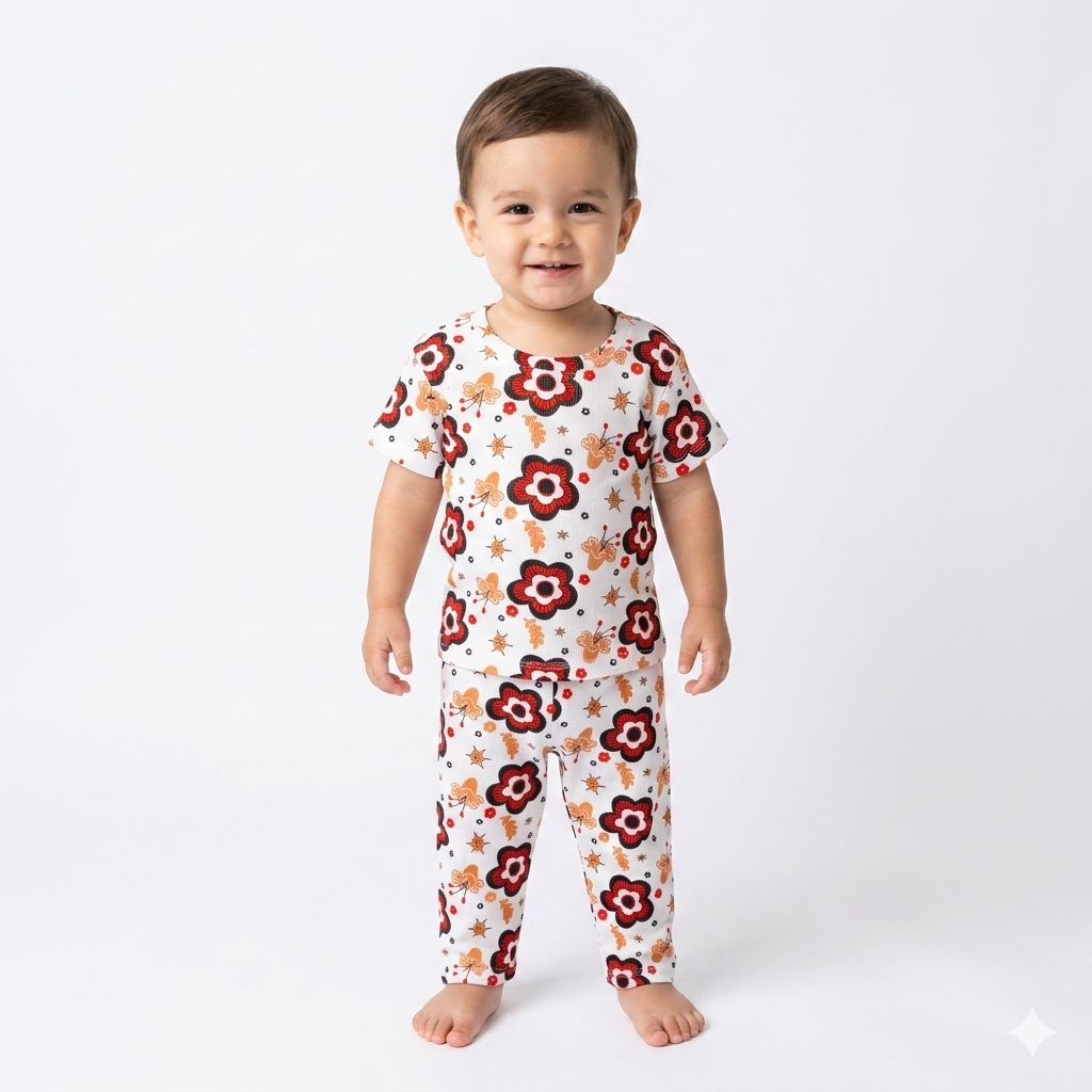 Cute Flower Print Premium ribbed pant Cordset (1year to 2year)