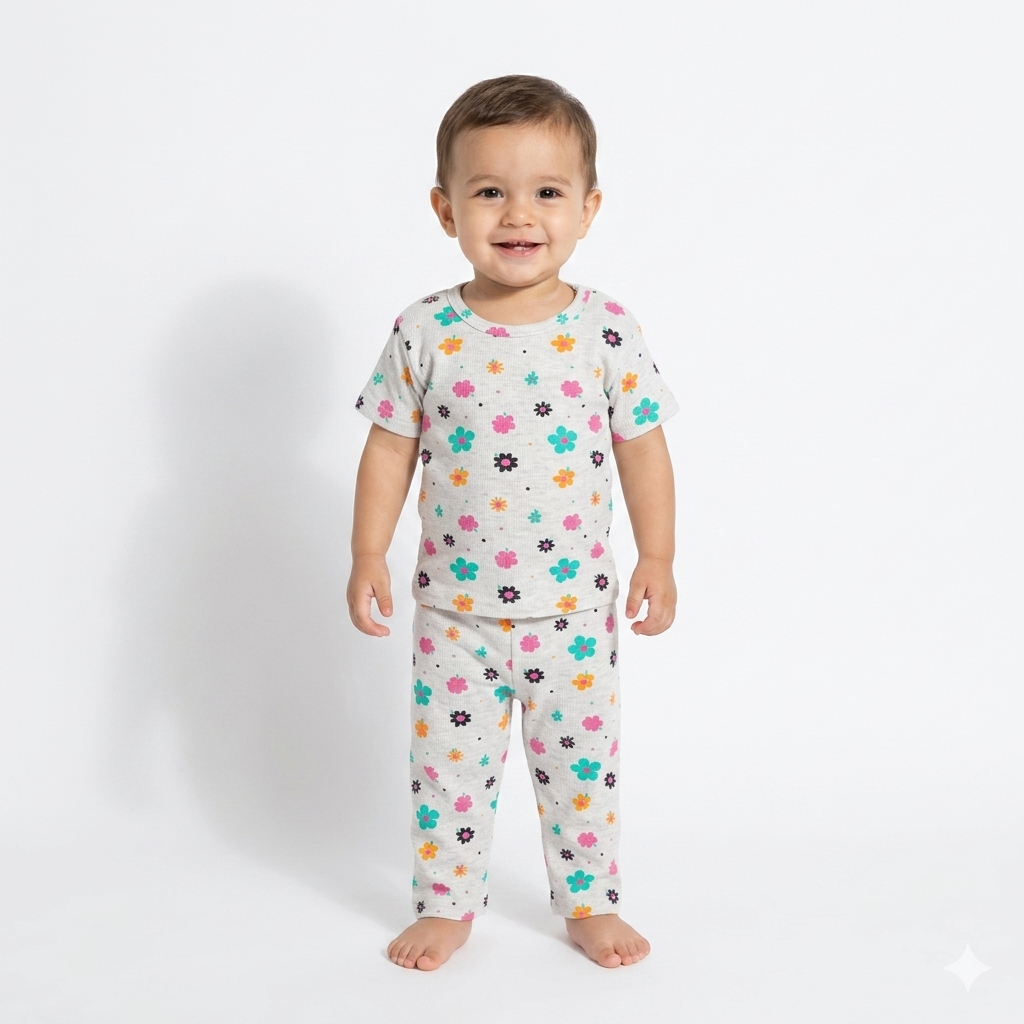 Cute Flower Print Premium ribbed pant Cordset (1year to 2year)