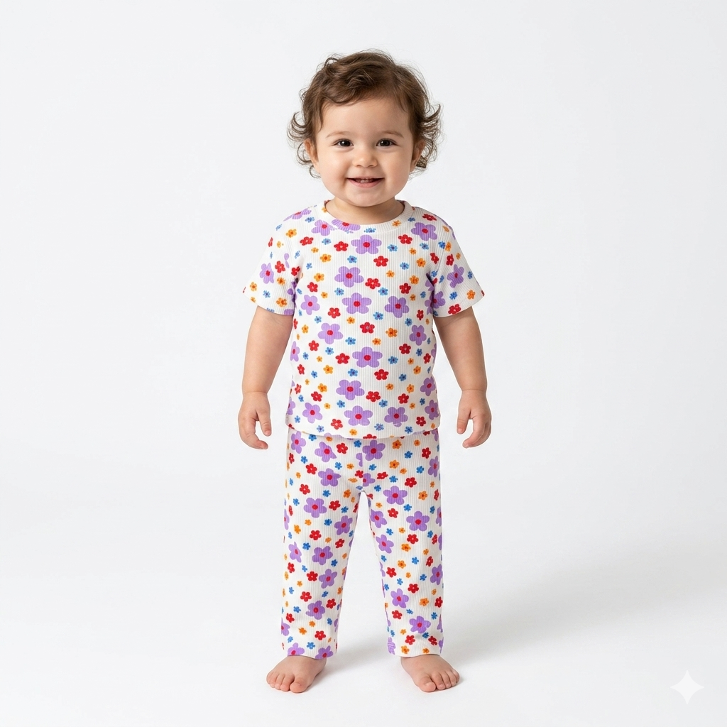 Flower Print Premium ribbed pant Cordset (2year to 3year)
