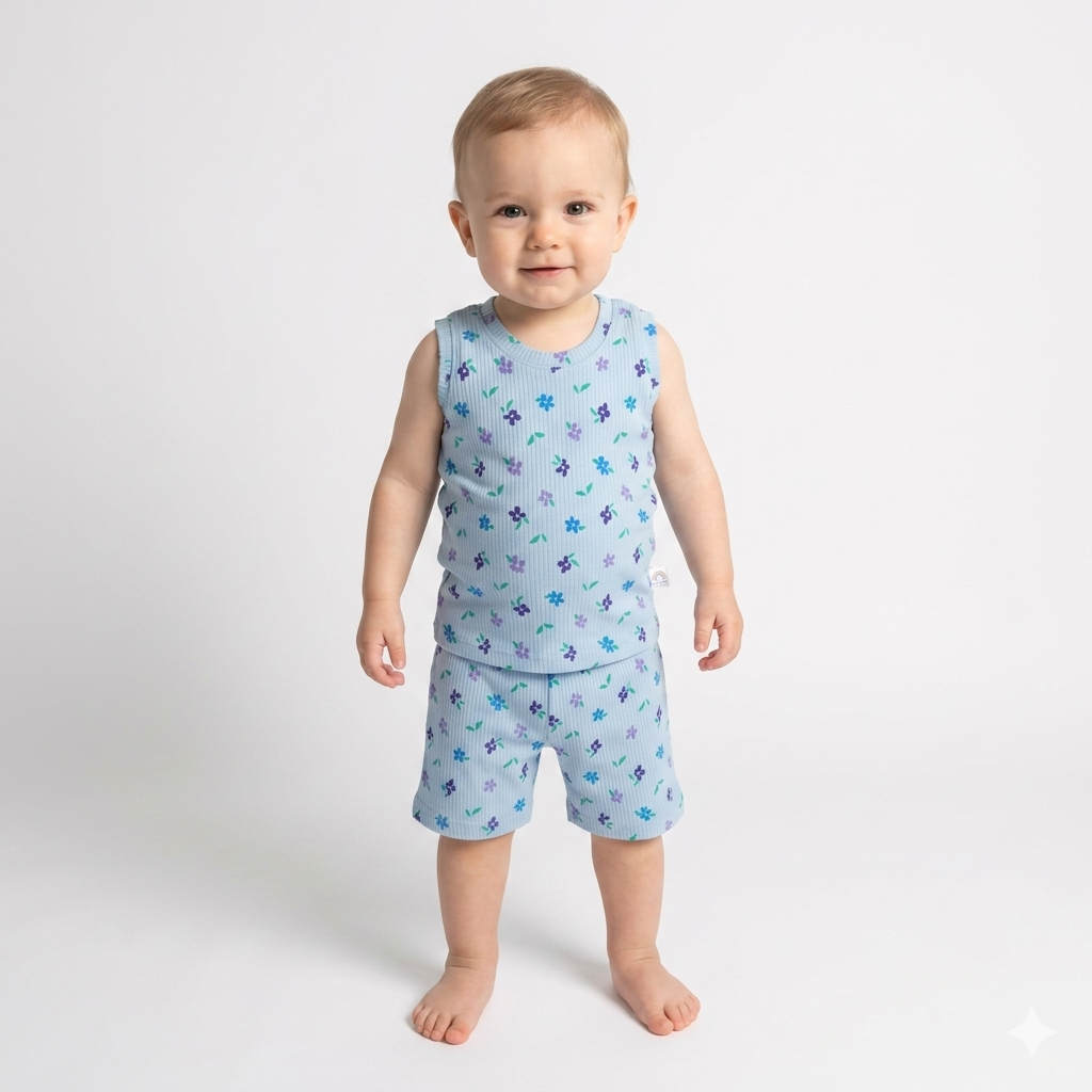 Blue Flower Print Premium ribbed sleeveless shorts cordset (1year to 2year)