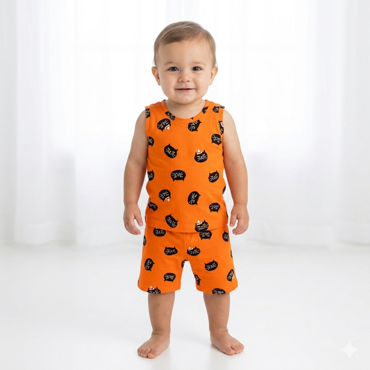 Cat Print Premium ribbed sleeveless shorts cordset (5year to 6year)