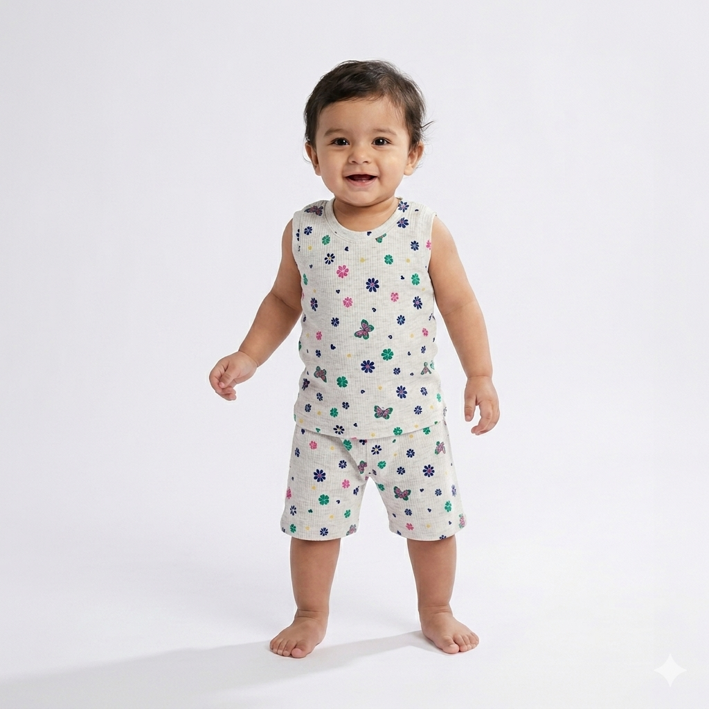 Butterfly & Flower Print Premium ribbed sleeveless shorts cordset (2year to 3years)