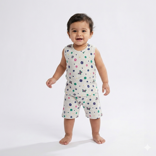 Butterfly & Flower Print Premium ribbed sleeveless shorts cordset (5year to 6years)