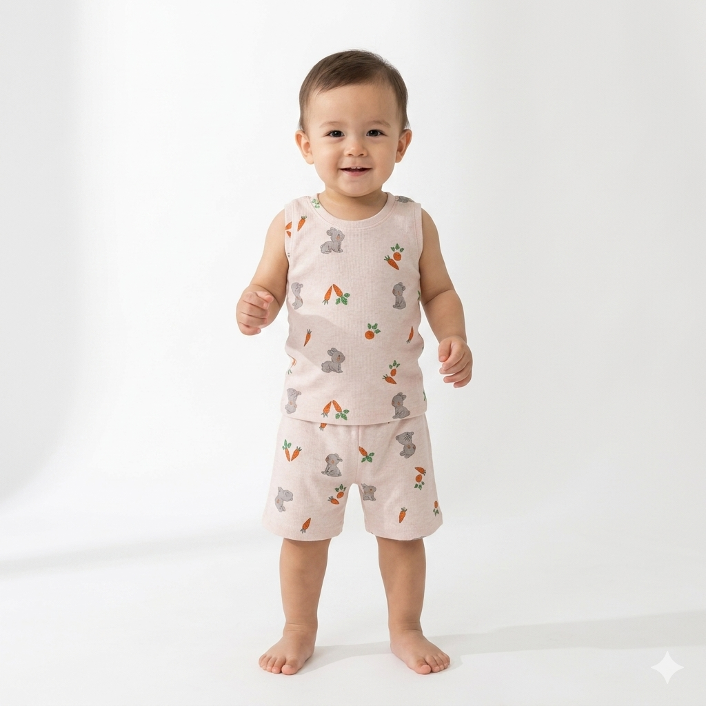 Rabbit & Carrot Print Premium ribbed sleeveless shorts cordset (2year to 3years)