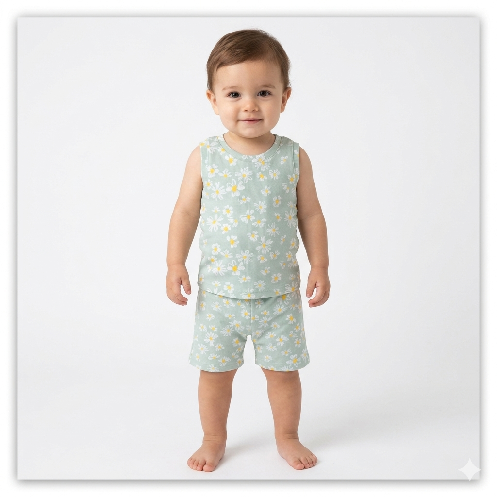 Green Flower Print Premium ribbed sleeveless shorts cordset (1year to 2years)
