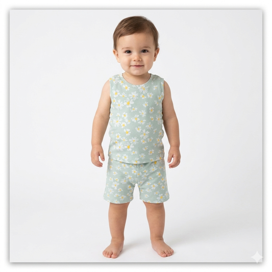 Green Flower Print Premium ribbed sleeveless shorts cordset (4year to 5years)