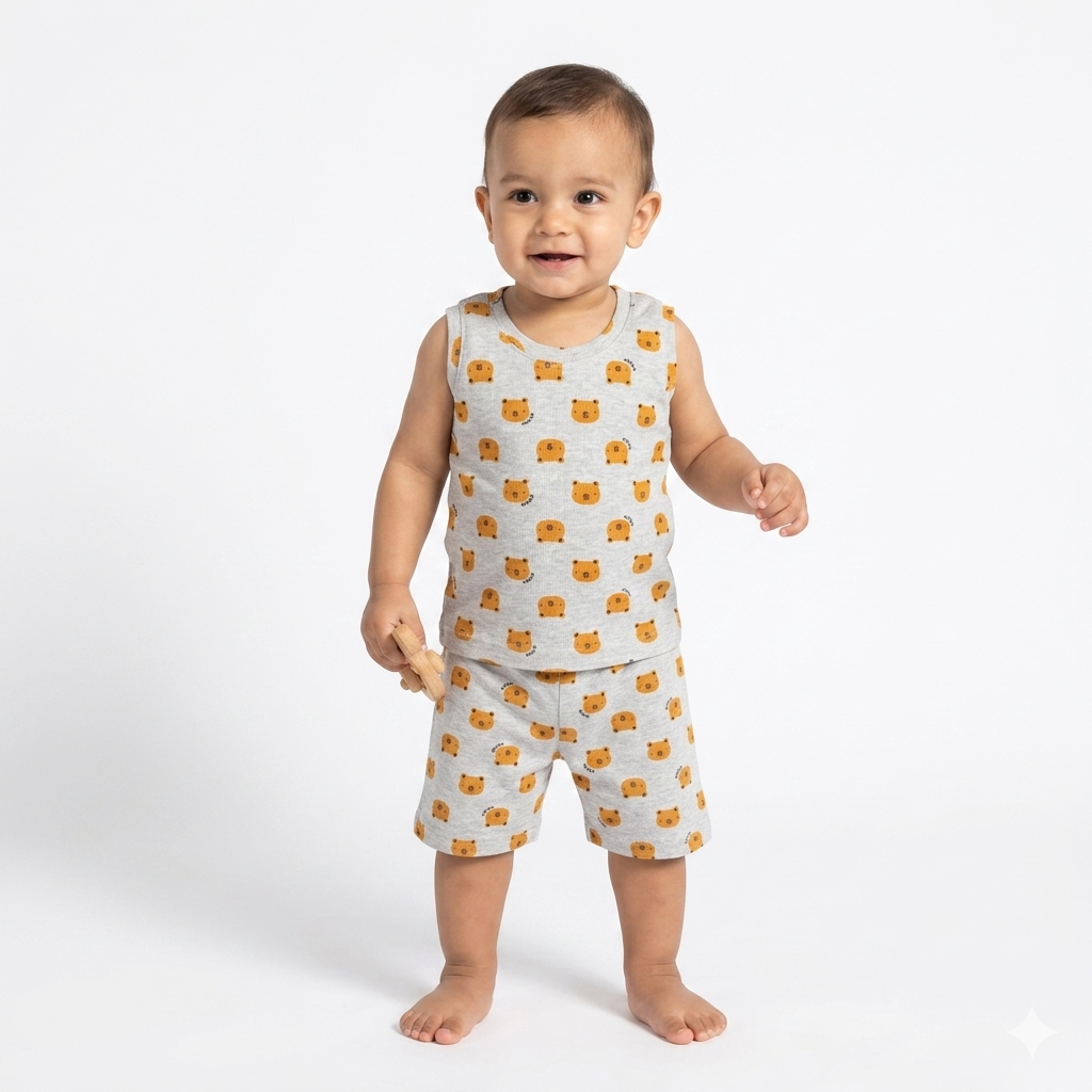 Bear Print Premium ribbed sleeveless shorts cordset (2year to 3years)