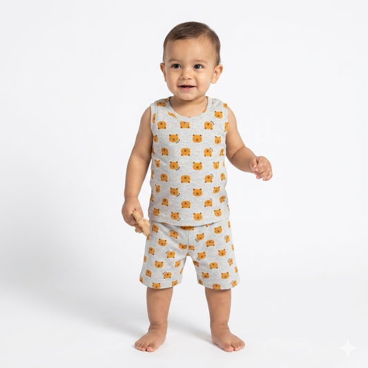 Bear Print Premium ribbed sleeveless shorts cordset (5year to 6years)