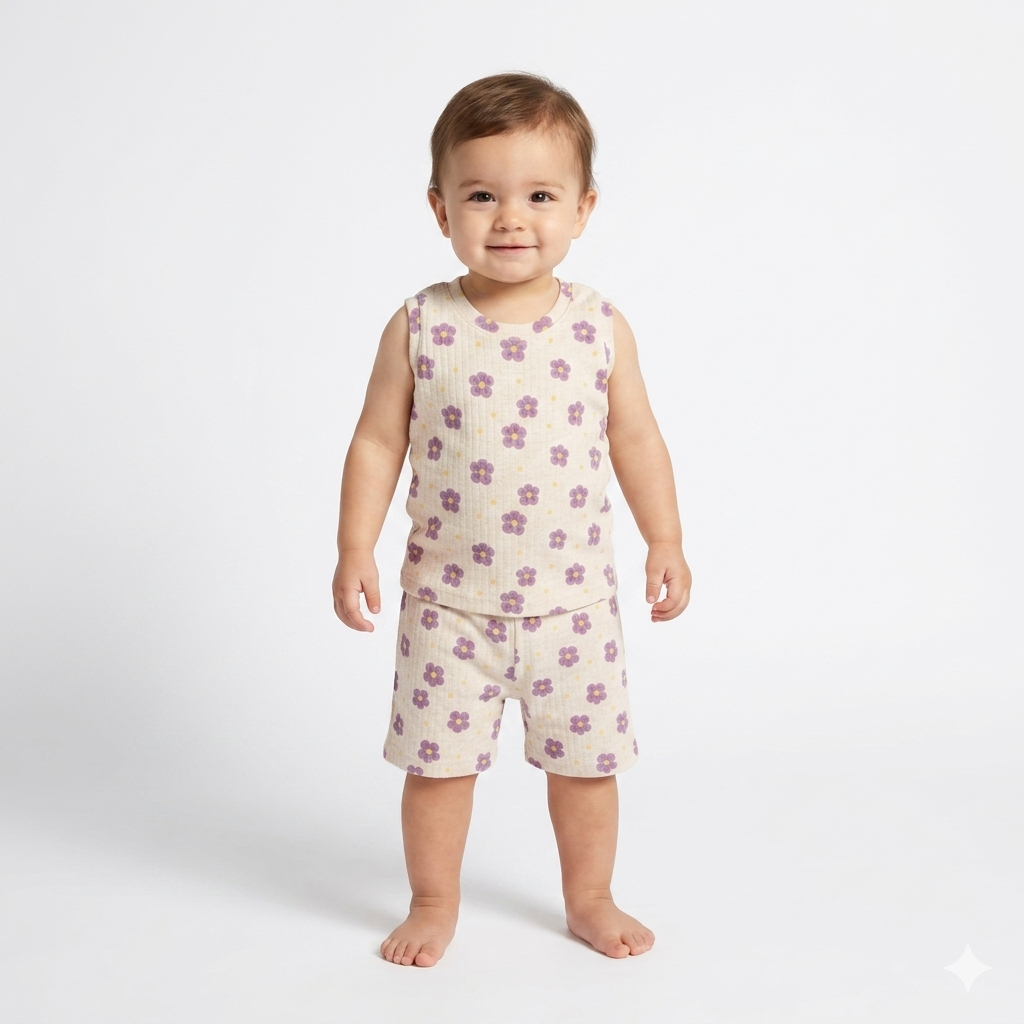 Violet Flower Print Premium ribbed sleeveless shorts cordset (1year to 2years)