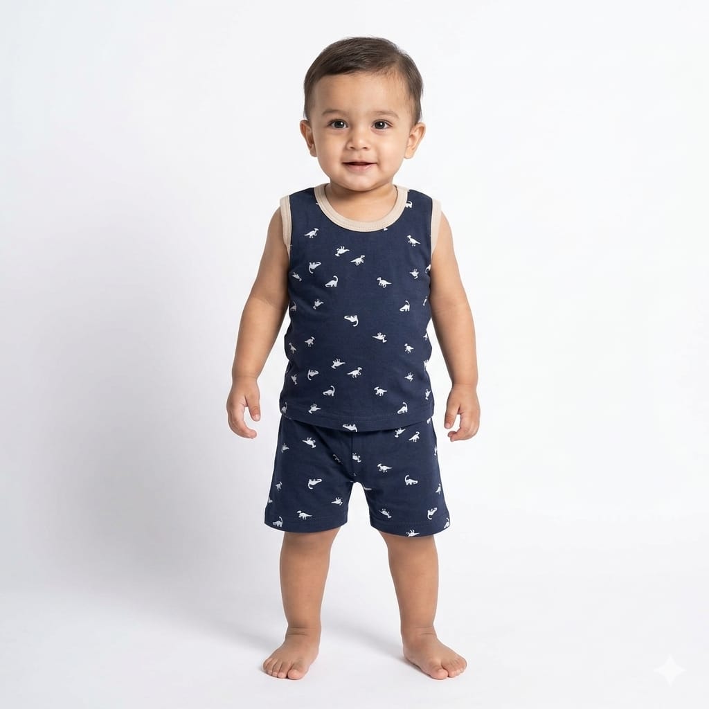 White dino Print Sleeveless Shorts Cordset (6month to 1year)