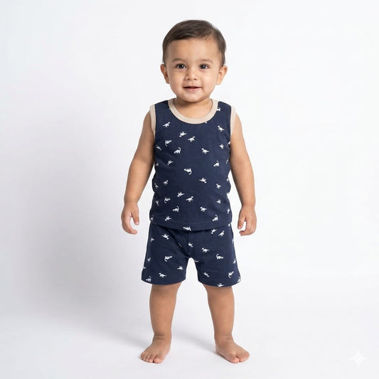 White dino Print Sleeveless Shorts Cordset (6month to 1year)
