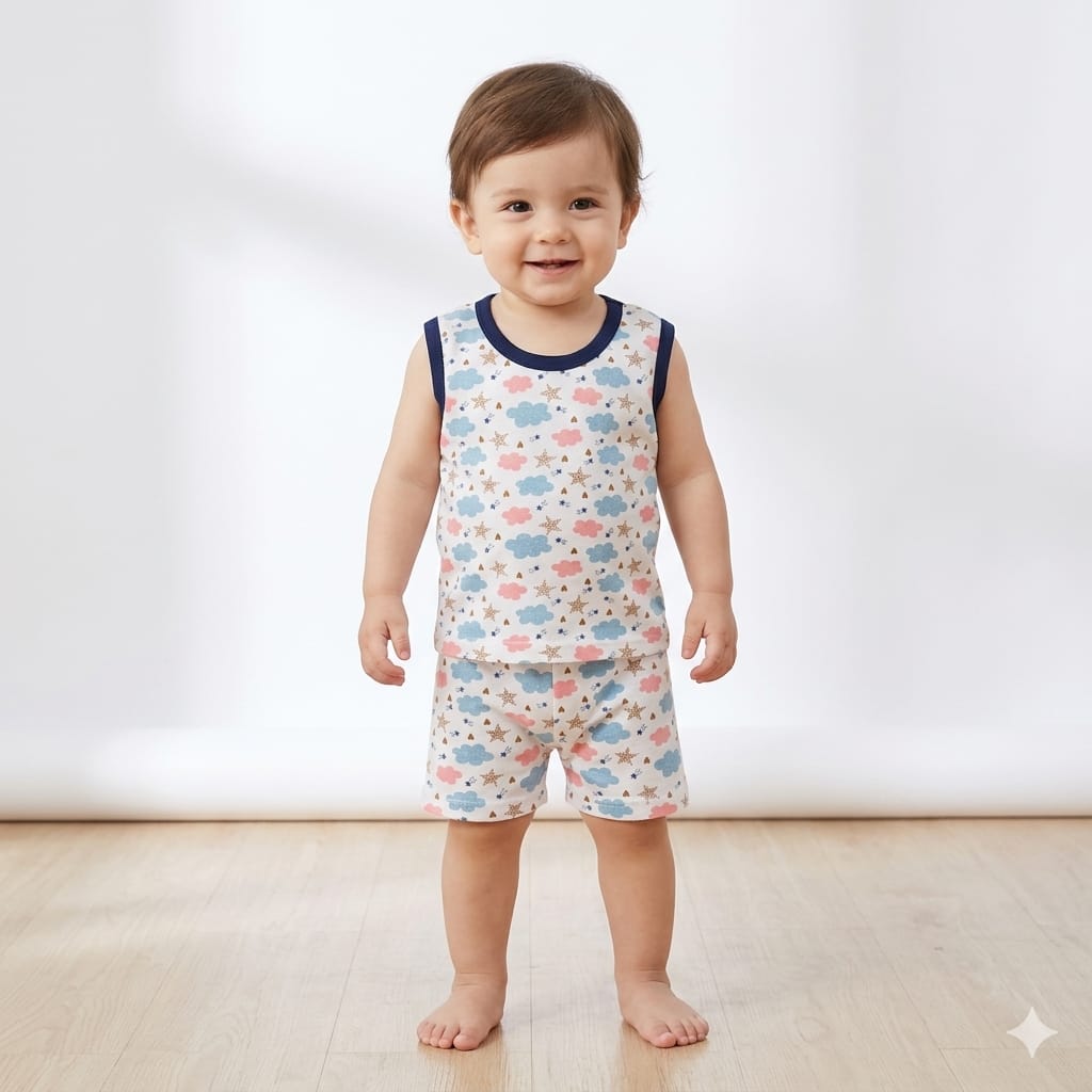 Cloud and star Print Sleeveless Shorts Cordset (6month to 1year)