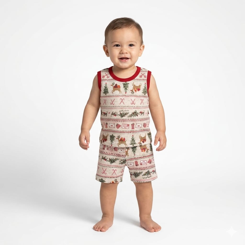Christmas Print Sleeveless Shorts Cordset (6month to 1year)
