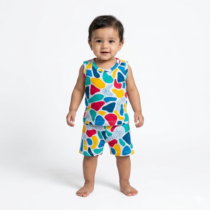 Ribbon Print Sleeveles Shorts Set (2year to 3year)
