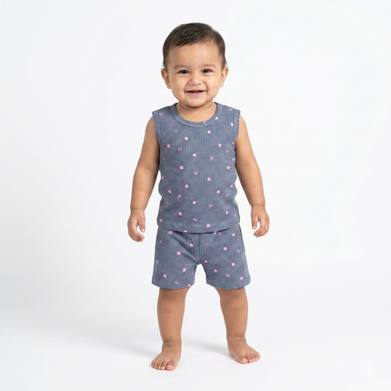 Cute Blue Print Sleeveles Shorts Set (6month to 1year)