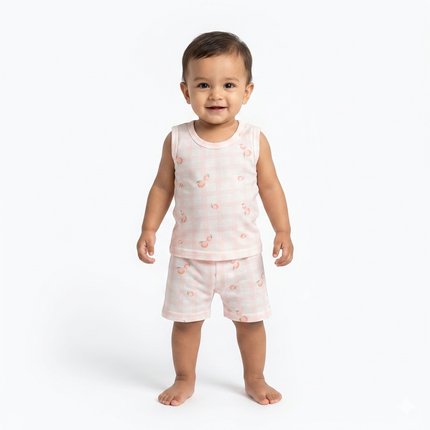 White Fruit Print Sleeveles Shorts Set (6month to 1year)