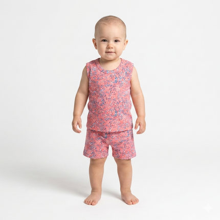 Pink Dot Print Sleeveles Shorts Set (2year to 3year)