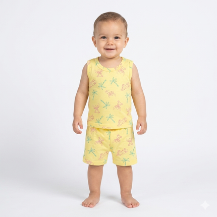 Yellow Tree Print Sleeveles Shorts Set (6month to 1year)