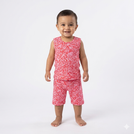 Pink Tree Print Sleeveles Shorts Set (2year to 3year)