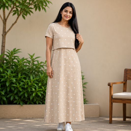 Beige Heart Print Zipless Feeding Loungwear