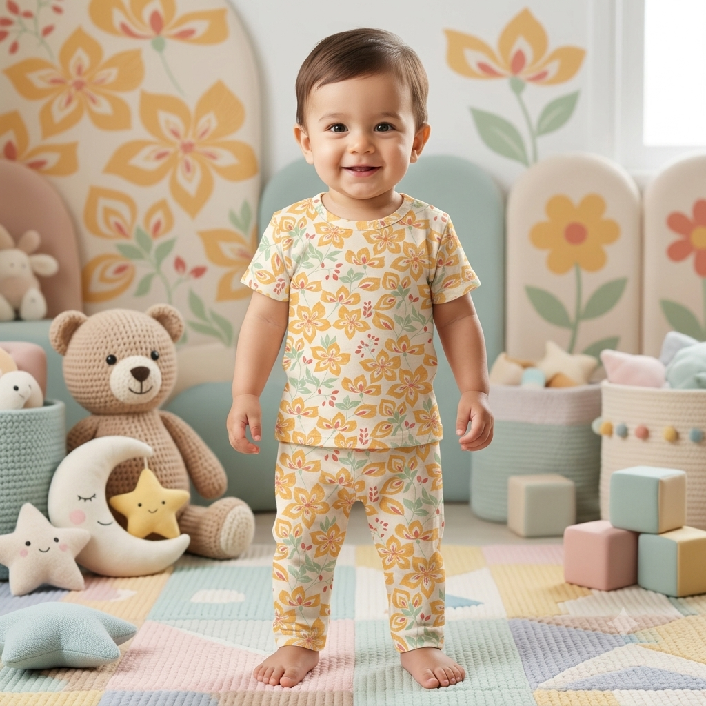Light Orange Flower Print Pant Set (2year to 3year)