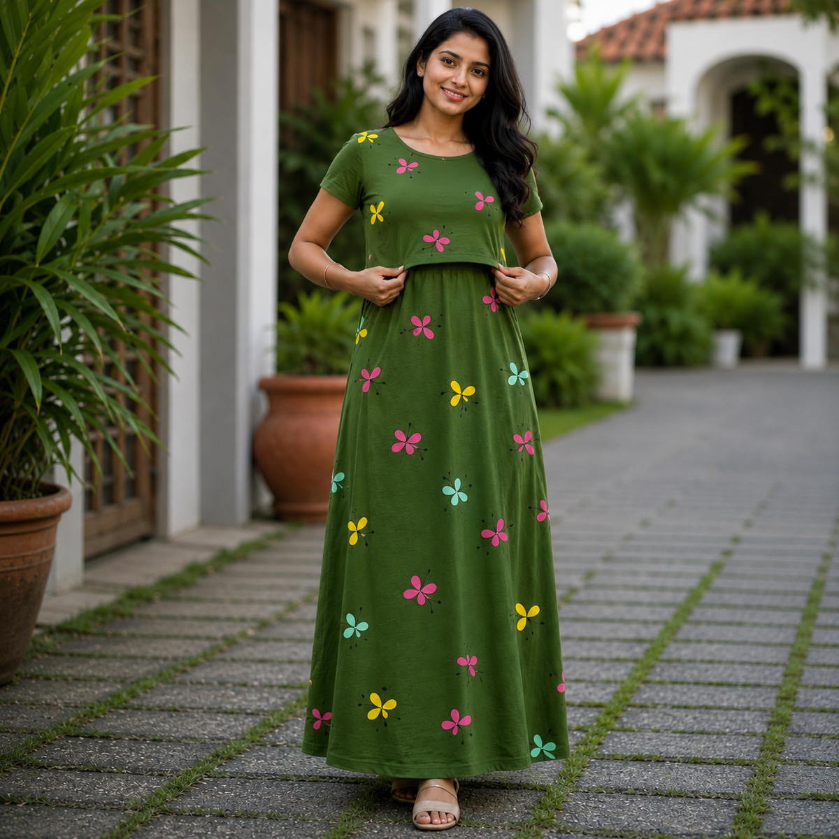 Green Butterfly Print Zipless Feeding Loungewear (L)