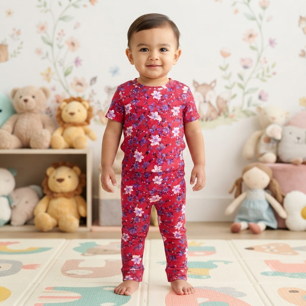 Pink Flower Print Premium ribbed pant Cordset (3year to 4year)